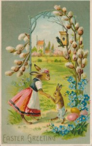 Easter Greetings Dancing Dressed Rabbits Pussy Willows - Pub B.W. - pm 1908 - DB