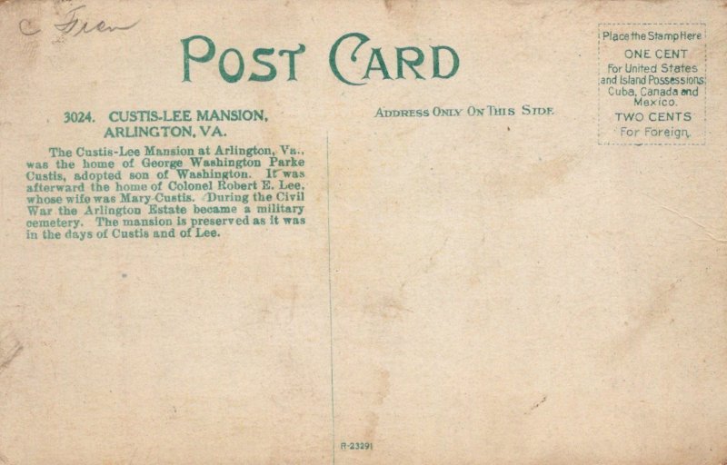 VINTAGE POSTCARD CUSTIS LEE MANSION AT ARLINGTON VIRGINIA c. 1910