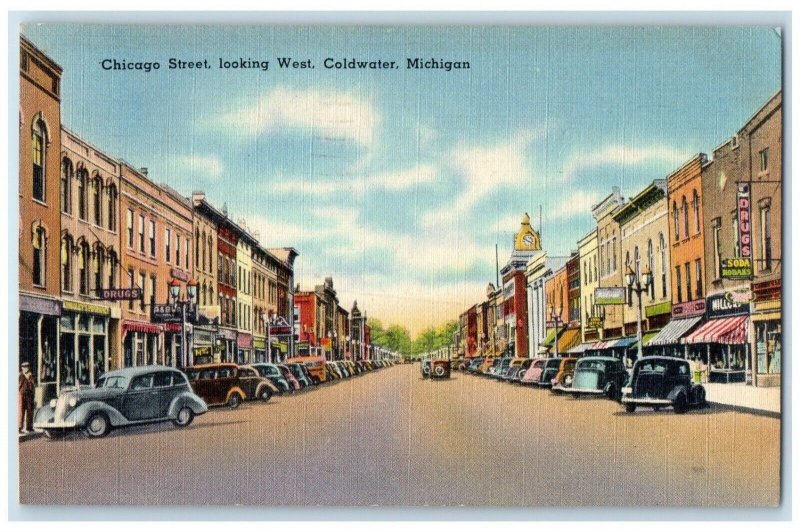 1947 Chicago Street Looking West Classic Cars Coldwater Michigan Posted Postcard