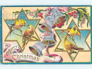 Pre-Linen christmas BEAUTIFUL YELLOW BIRDS WITH BELLS AND PINK RIBBON hr2784
