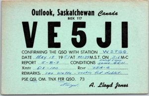 Radio Card VE5JI Outlook Saskatchewan Canada Amateur Station Posted Postcard