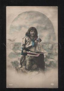 058047 Young Girl as SHIP-BOY w/ TOY vintage tinted PHOTO