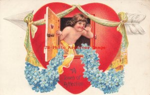 Valentine Day, Unknown Pub, Cupid Opening the Door to a Heart, Forget Me Nots