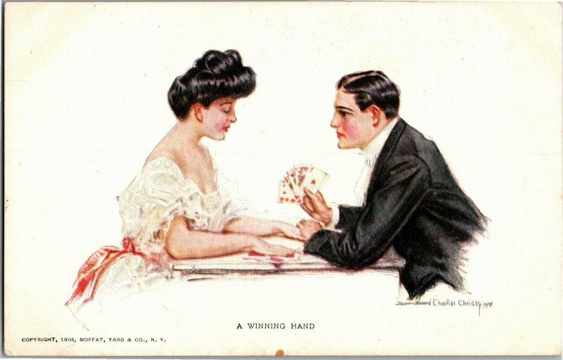 Couple Playing Cards A Winning Hand Artist Howard C Christy Vintage Postcard A04 