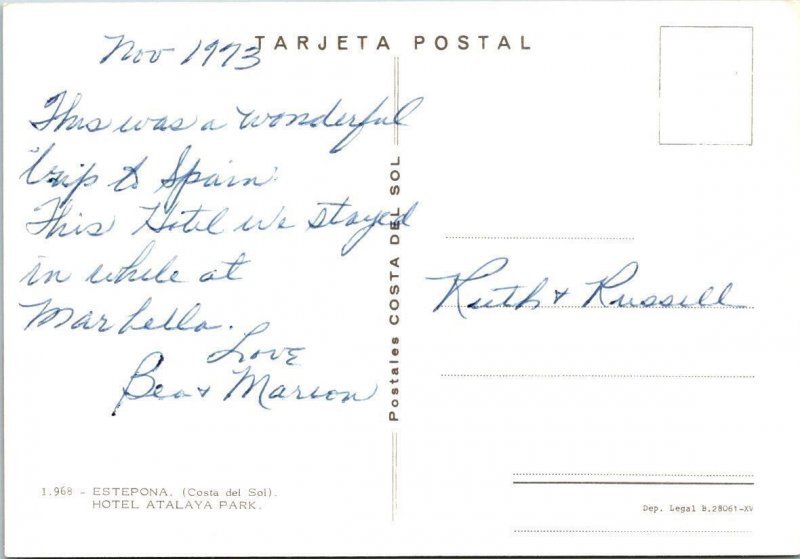Estepona, Costa del Sol Spain  HOTEL ATALAYA PARK  1973 Advertising 4X6 Postcard