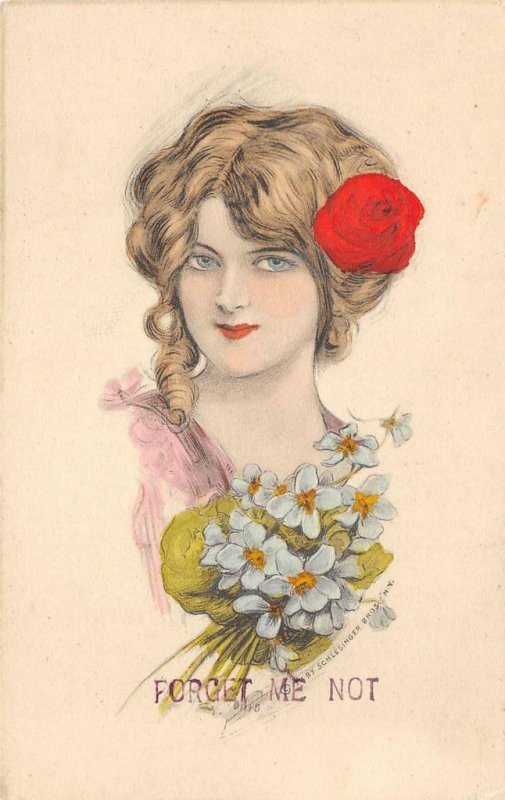 FORGET ME NOT Woman, Flowers Hand-Colored Art c1910s Schlesinger Bros Postcard