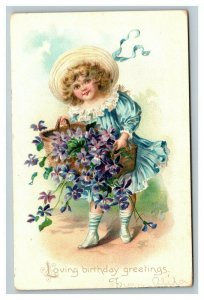 Vintage 1910's Tuck's Birthday Postcard Cute Girl Blue Dress Purple Flowers