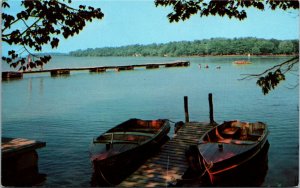 Postcard ON Orillia The Dock at the Orillia Motor Camp Canoes Swimmers 1959 K32