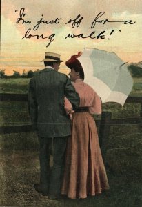 Vintage Postcard 1910's I'm Just Off For a Long Walk! Man & Woman in Love