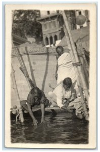 India RPPC Photo Postcard Two Women Laundry at River Scene c1920's Unposted