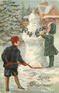 Embossed Christmas Postcard; Children Make a Santa Claus Snowman & Decorate Him