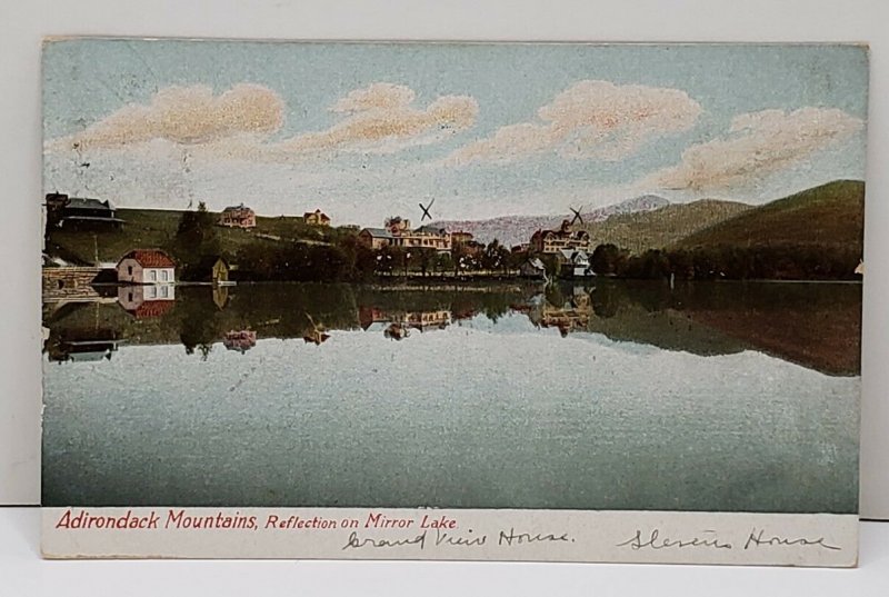 Adirondack Mountains, Reflections On Mirror Lake Grand View 1907 Postcard B4