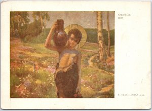 VINTAGE POSTCARD CONTINENTAL SIZE ART CARD BOY WITH WATER VASE POLAND POSTED