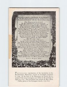 Postcard Inscription on the Revolutionary Monument Lexington Massachusetts USA