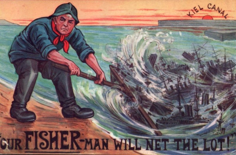British Royal Navy 'Fisherman Will Net the Lot' KIEL CANAL Vintage Postcard