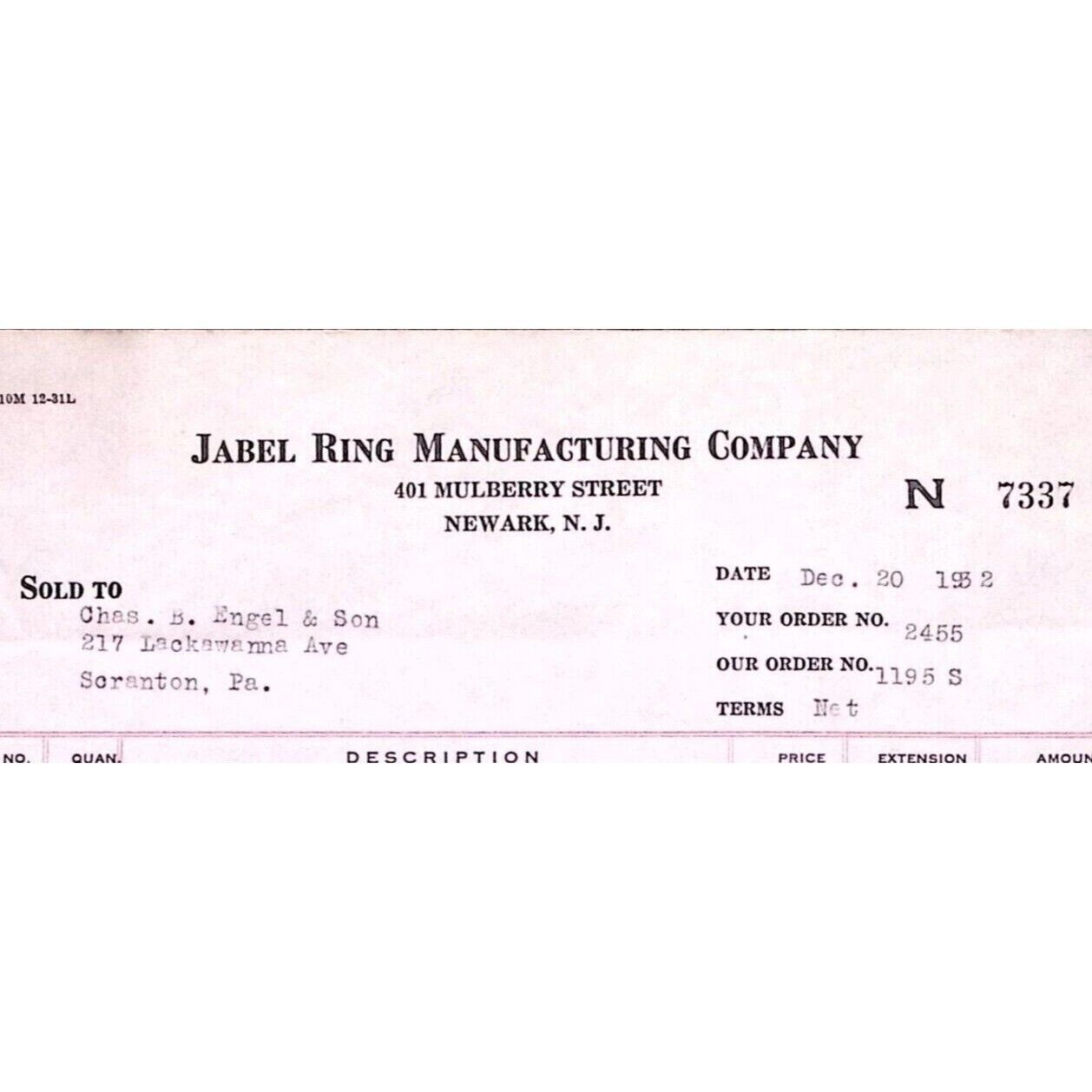 1932 Newark New Jersey Jabel Ring Manufacturing Company Billhead