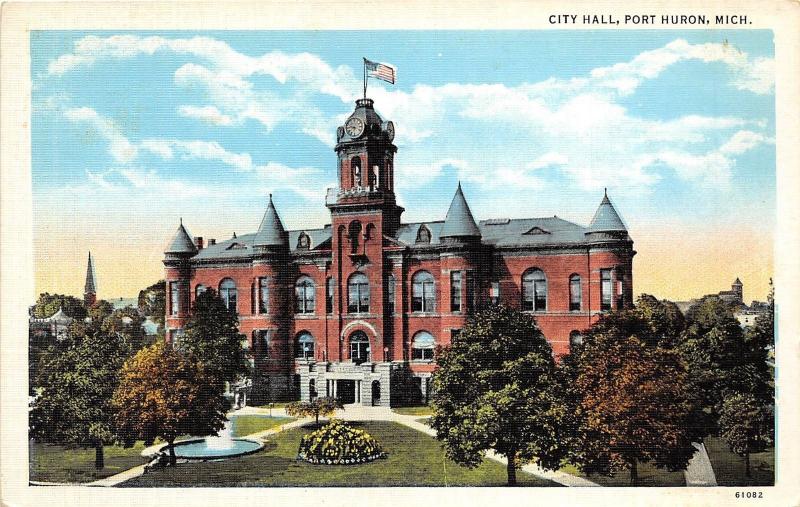 Michigan MI Postcard PORT HURON c1920 CITY HALL Building