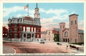 Vtg 1920s City Hall Masonic Temple Union Square Norwich Connecticut CT Postcard