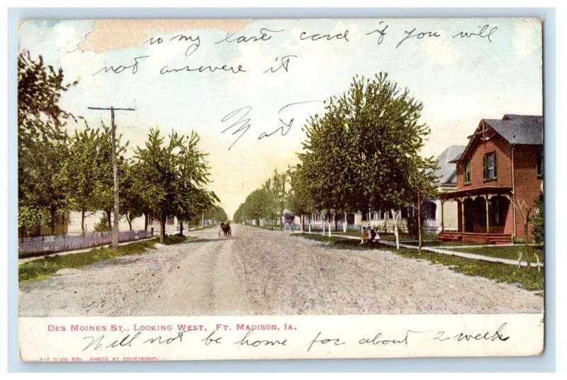 c1905 Des Moines St. Looking West Ft. Madison Iowa IA Posted Antique Postcard