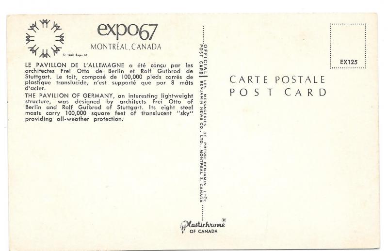 Canada Montreal EXPO 67 Germany Pavillon Postcard