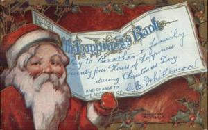 Christmas - Santa Claus Holding Happiness Bank Check c1910 Postcard