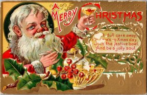 Santa Drink Punch Bowl Merry Christmas Embossed Vintage Postcard F58 
