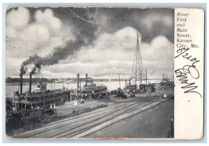 1906 River First and Main Street Kansas City Missouri MO Antique Postcard