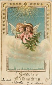 Embossed German Christmas Postcard Cherub Angels in Clouds w/ Gold Stars, UDB