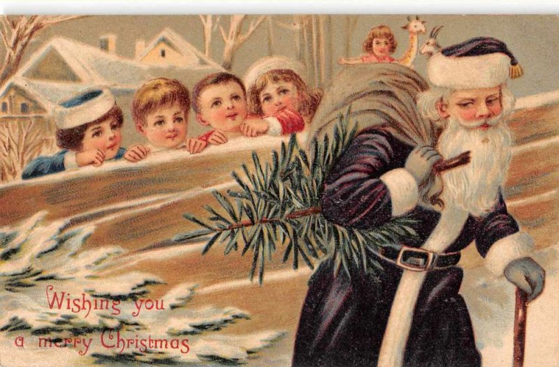 Christmas Greetings Santa Claus in Purple Robe Vintage Postcard AA1363