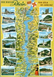 Postcard Germany Map - The German Rhine from  Kuln to Koblenz