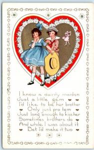 Arts and Crafts   PRETTY HEART BORDER  Romantic Children Couple Whitney Postcard
