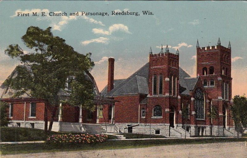 Postcard First ME Church and Parsonage Reedsburg WI