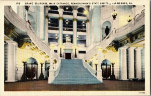 Grand Staircase, Main Entrance Harrisburg PA State Capitol Linen Postcard F32