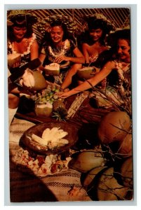 Vintage 1960's Postcard Beautiful Women Serving a Luau Feast in Hawaii