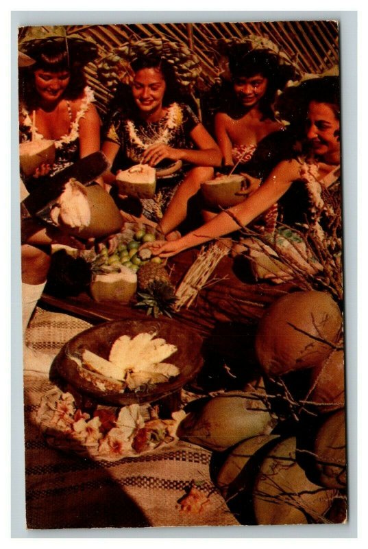 Vintage 1960's Postcard Beautiful Women Serving a Luau Feast in Hawaii