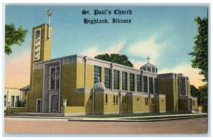 c1940 St. Paul's Church Building Cross Tower Highland Illinois Vintage Postcard