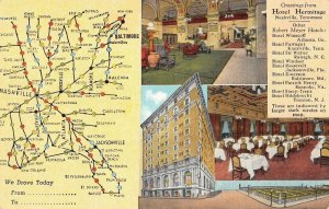 HOTEL HERMITAGE Nashville, TN Map Linen Curteich c1940s Vintage Postcard