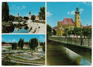 Postcard Hungary 1970 Gyor Architecture Church Bridge Swimming Pool