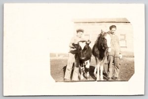 RPPC Two Young Farm Boys With Cow And Pony Masked Photo Postcard T27