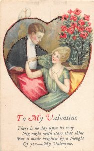 H66/ Valentine's Day Love Holiday Postcard c1910 Glitter Heart Man Woman16