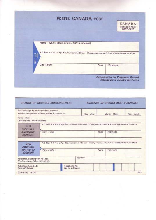 Canada Post, Change of Address Announcement 1970