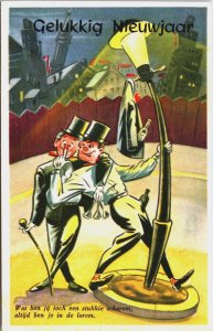 Happy New Year Funny Drunken Men by a Lamppost Bottles Vintage Postcard C200