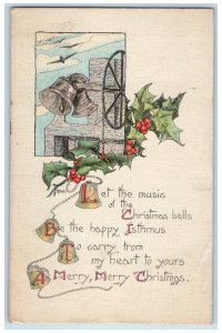 c1910's Christmas Ringing Bells Holly Berries Birds Posted Antique Postcard