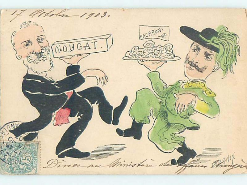 1903 foreign signed MAN CARRYING NOUGAT BAR AND MACARONI ON PLATE HL8109
