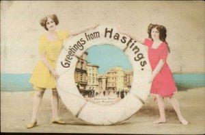 Bathing Beauty Women & Life Saving Ring Border Hastings UK Tinted RPPC