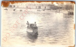 c1910s Young Men Navy Sailors in Boat RPPC Foreign Shore Real Photo USN A127