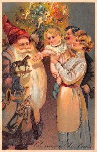 A Merry Christmas, Brown Robed Santa W/ Family, PFB, Vintage PC U17875