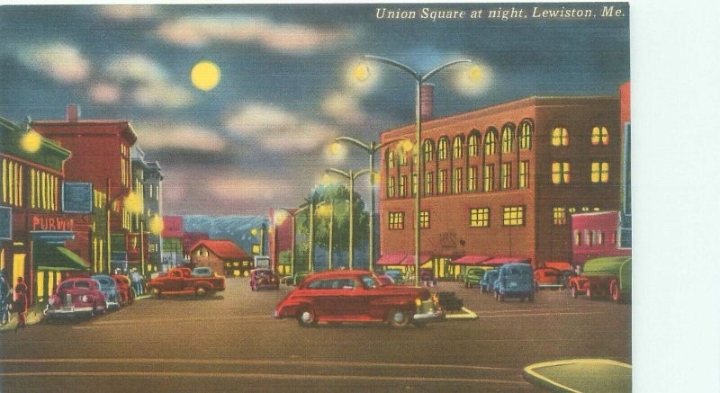 Lewiston Maine Union Square at Night, Old Cars  Linen Postcard Unused
