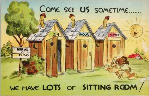 Comic Dog Using Bathroom Outhouse Reserved for Fido Humour Linen Postcard E98
