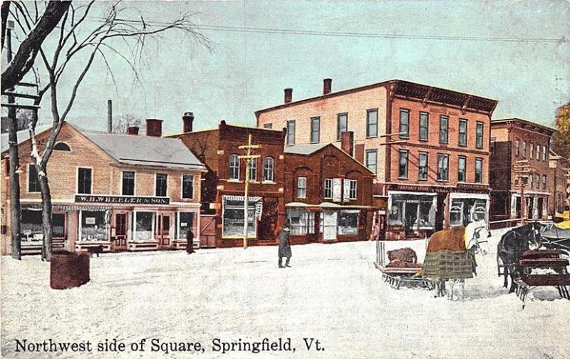 Springfield VT Winter Scene Store Fronts Horses Square Postcard